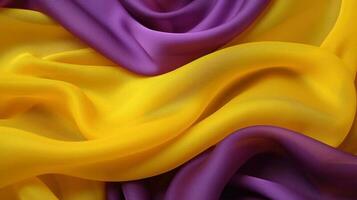 generativo ai, fluente chiffon tessuto struttura nel viola viola e giallo colore. lucido primavera striscione, Materiale 3d effetto, moderno macro fotorealistico astratto sfondo illustrazione. foto
