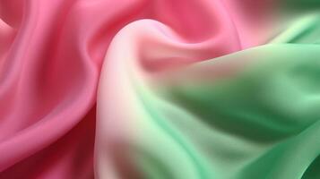 generativo ai, fluente chiffon tessuto struttura nel leggero rosa e verde colore. lucido primavera striscione, Materiale 3d effetto, moderno macro fotorealistico astratto sfondo illustrazione foto