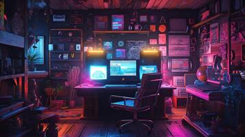 generativo ai, computer su il tavolo nel cyberpunk stile, nostalgico anni 80, anni 90. neon notte luci vivace colori, fotorealistico orizzontale illustrazione di il futuristico interno. tecnologia concetto. foto