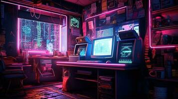generativo ai, computer su il tavolo nel cyberpunk stile, nostalgico anni 80, anni 90. neon notte luci vivace colori, fotorealistico orizzontale illustrazione di il futuristico interno. tecnologia concetto. foto