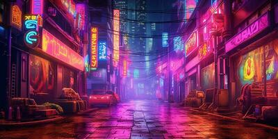 generativo ai, notte scena di grande città nel cyberpunk stile, futuristico nostalgico anni 80, anni 90. neon luci vivace colori, fotorealistico orizzontale illustrazione. foto