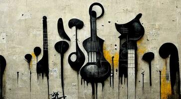 generativo ai, astratto strada arte con chiavi e musicale strumenti sagome. inchiostro colorato graffiti arte su un' strutturato carta Vintage ▾ sfondo, ispirato di Banksy foto