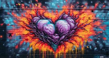 generativo ai, colorato cuore come graffiti amore simbolo su il parete, strada arte. fuso dipingere. foto