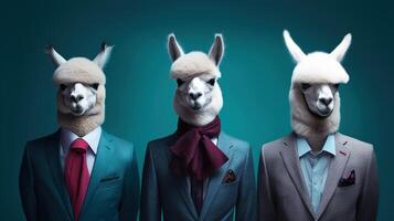 generativo ai, gruppo di attività commerciale alpaca o lama, divertente animali. individualità, indipendenza, pensare diverso, creativo idea, lavoro di squadra e fiducia. foto