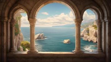 generativo ai, storico medievale pietra arco finestre con romantico Visualizza di mare o oceano, estate paesaggio sfondo. foto