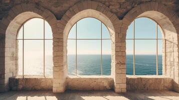 generativo ai, storico medievale pietra arco finestre con romantico Visualizza di mare o oceano, estate paesaggio sfondo. foto