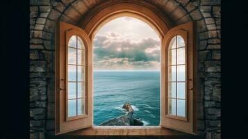 generativo ai, storico medievale pietra arco finestre con romantico Visualizza di mare o oceano, estate paesaggio sfondo. foto