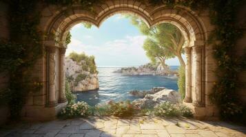 generativo ai, storico medievale pietra arco finestre con romantico Visualizza di mare o oceano, estate paesaggio sfondo. foto