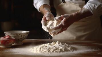 generativo ai, mani di panettiere nel ristorante o casa cucina, prepara ecologicamente naturale pasticcini o pane foto