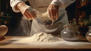 generativo ai, mani di panettiere nel ristorante o casa cucina, prepara ecologicamente naturale pasticcini o pane foto