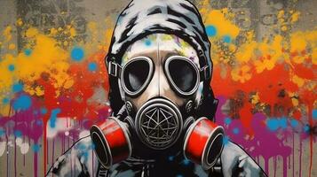 generativo ai, inchiostro nero strada graffiti arte con gas maschera su un' strutturato carta Vintage ▾ sfondo, ispirato di Banksy. foto