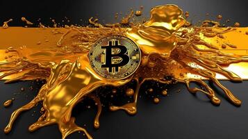 generativo ai, bitcoin con d'oro giallo e nero liquido, digitale criptovaluta moneta. estrazione o blockchain tecnologia foto