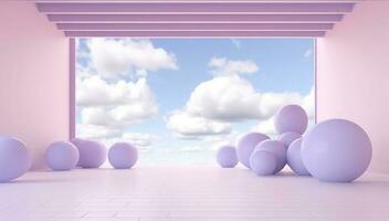 generativo ai, viola, digitale lavanda colore fantastico 3d nuvole su il pavimento, cielo e paesaggio. dolce colori e con luminosa luci. foto