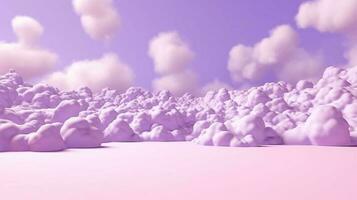 generativo ai, viola, digitale lavanda colore fantastico 3d nuvole su il pavimento, cielo e paesaggio. dolce colori e con luminosa luci. foto