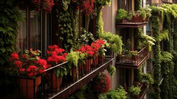 generativo ai, bellissimo balcone circondato di un' tropicale stile giardino, fioritura fiori e verde impianti foto