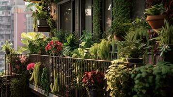 generativo ai, bellissimo balcone circondato di un' tropicale stile giardino, fioritura fiori e verde impianti foto