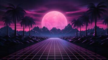 generativo ai, anni 80 retrò futuristico fantascienza., nostalgico anni 90. notte e tramonto neon colori, cyberpunk Vintage ▾ illustrazione. sole, montagne e palme. retrowave vj video gioco paesaggio. foto