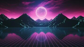 generativo ai, anni 80 retrò futuristico fantascienza., nostalgico anni 90. notte e tramonto neon colori, cyberpunk Vintage ▾ illustrazione. sole, montagne e palme. retrowave vj video gioco paesaggio. foto