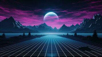 generativo ai, anni 80 retrò futuristico fantascienza., nostalgico anni 90. notte e tramonto neon colori, cyberpunk Vintage ▾ illustrazione. sole, montagne e palme. retrowave vj video gioco paesaggio. foto