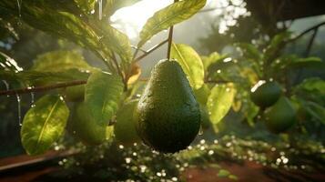 generativo ai, avocado piantagione, in crescita frutta sospeso nel il albero. foto