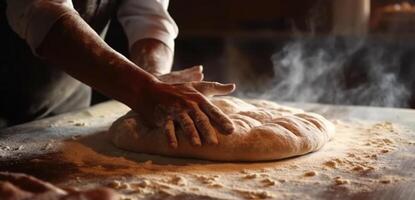 generativo ai, mani di panettiere nel ristorante o casa cucina, prepara ecologicamente naturale pasticcini foto