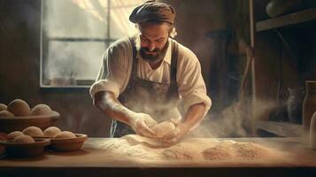 generativo ai, vecchio uomo mani di panettiere nel ristorante o casa cucina, prepara ecologicamente naturale pasticcini. foto