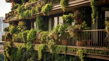 generativo ai, bellissimo balcone circondato di un' tropicale stile giardino, fioritura fiori e verde impianti foto