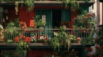 generativo ai, bellissimo balcone circondato di un' tropicale stile giardino, fioritura fiori e verde impianti foto