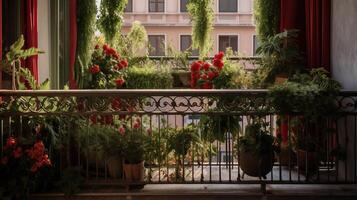 generativo ai, bellissimo balcone circondato di un' tropicale stile giardino, fioritura fiori e verde impianti foto