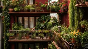 generativo ai, bellissimo balcone circondato di un' tropicale stile giardino, fioritura fiori e verde impianti foto