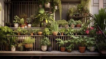 generativo ai, bellissimo balcone circondato di un' tropicale stile giardino, fioritura fiori e verde impianti foto