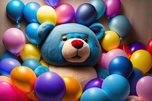 Multi colorato palloncini e blu orsacchiotto orso giocattolo generativo ai foto