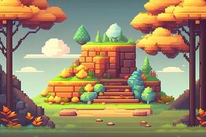 pixel arte stile paesaggio con un' albero e montagne nel il sfondo. generativo ai foto