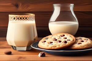 biscotti mucchio su un' piatto con un' bicchiere di latte. generativo ai foto