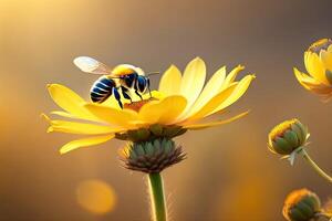 volante miele ape e fiore su sfocato sfondo generativo ai foto