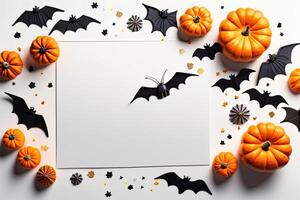Halloween vacanza sfondo decorazione, bianca fondale zucca e pipistrelli piatto posizione. generativo ai foto