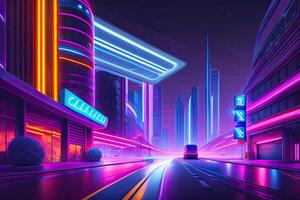 neon futuro viola città generativo ai. futuristico cyberpunk viola design foto