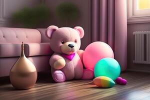 rosa orsacchiotto orso con Palloncino generativo ai foto