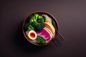 ramen la minestra pasto nel un' ciotola su nero sfondo generativo ai foto