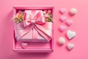 rosa regalo presente scatola su rosa sfondo generativo ai foto