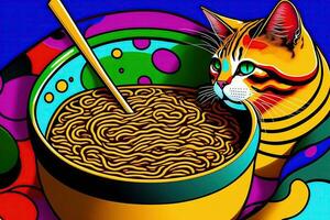 gatto mangiare ramen vivido illustrazione foto