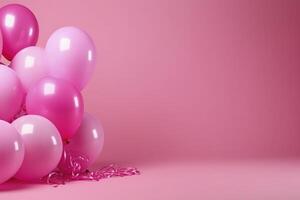 palloncini su rosa sfondo con gratuito spazio per testo. compleanno celebrazione, nozze o bambino doccia arredamento. minimo creativo idea per festa e celebrazione, saluto carta. ai generato foto