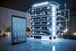 moderno inteligente casa sistemi di inteligente costruzione, il inteligente casa è isolato sfondo, creare ai foto