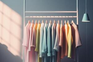 colorato Abiti su capi di abbigliamento cremagliera, pastello colorato guardaroba nel shopping memorizzare o Camera da letto. arcobaleno colore Abiti scelta su grucce, casa armadio concetto. ai generato Immagine foto