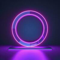 vuoto neon luci il giro telaio podio galleggiante nel il aria con viola neon anelli su sfondo e ologramma di digitale anelli su un' pavimento, creare ai foto