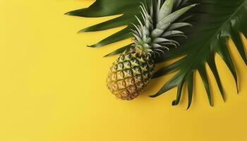 superiore Visualizza di fresco ananas con tropicale le foglie su giallo sfondo , creare ai foto