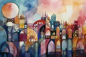 acquerello pittura di un' città orizzonte, con intricato architettura e riflessi su acqua o bicchiere superfici, creare ai foto