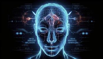 artificiale intelligenza, un' umanoide informatica umano con un' neurale Rete pensa. ai concetto di grande dati o informatica sicurezza. Chiacchierare gpt concetto. ai con un' digitale cervello processi grande dati. generativo ai foto