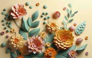 3d floreale mestiere sfondo. arancia, rosa, verde e giallo fiori nel leggero sfondo. per bambini camera parete arredamento, creare ai foto