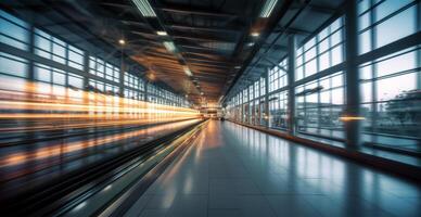 aeroporto costruzione, internazionale terminale, affrettandosi persone per terra, sfocato sfondo - ai generato Immagine foto